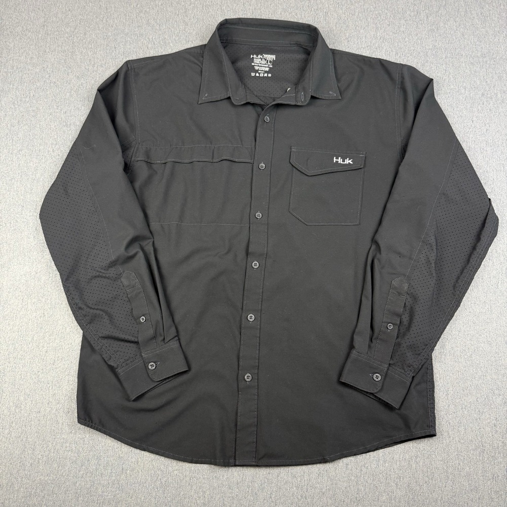 Huk Tide Point Shirt Mens L Black Roll Tab Sleeve Button Down Fishing Vented